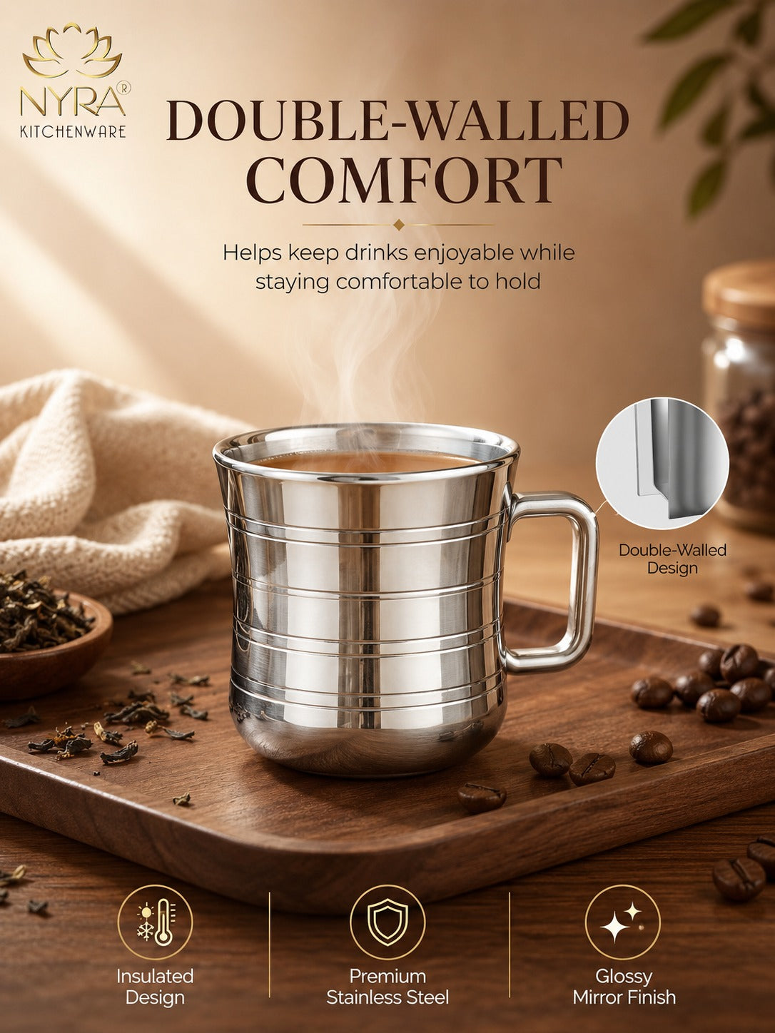 Stainless Steel Double-Walled Tea/Coffee Mug Set – Insulated 100 ml Glossy Finish Cups
