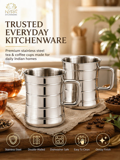 Stainless Steel Double-Walled Tea/Coffee Mug Set – Insulated 100 ml Glossy Finish Cups