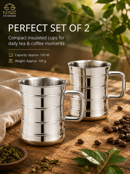 Stainless Steel Double-Walled Tea/Coffee Mug Set – Insulated 100 ml Glossy Finish Cups