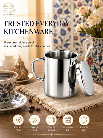 Stainless Steel Insulated Coffee Mug with Lid | 300ml Double Walled for Hot & Cold Drinks