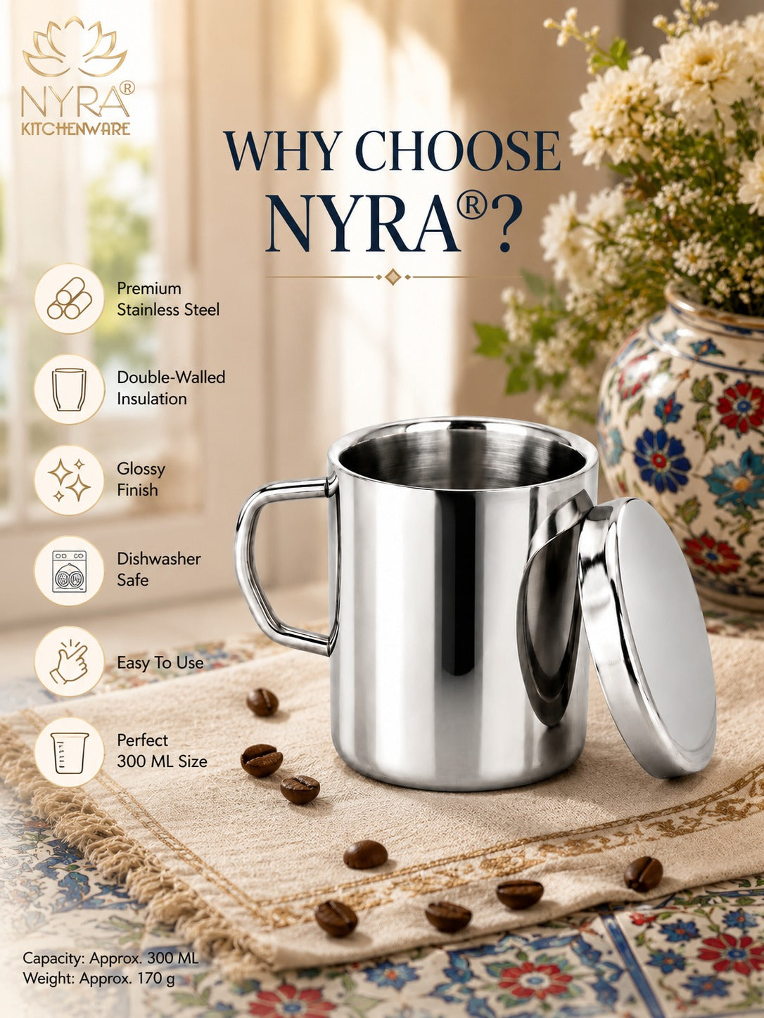 Stainless Steel Insulated Coffee Mug with Lid | 300ml Double Walled for Hot & Cold Drinks