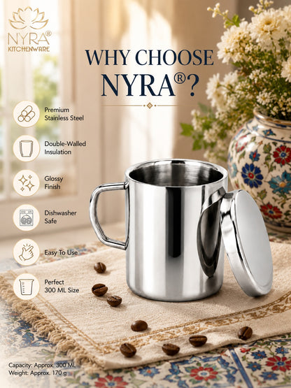 Stainless Steel Insulated Coffee Mug with Lid | 300ml Double Walled for Hot & Cold Drinks