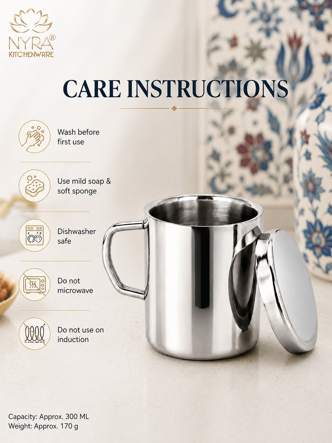 Stainless Steel Insulated Coffee Mug with Lid | 300ml Double Walled for Hot & Cold Drinks