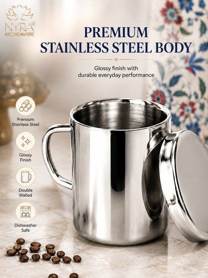 Stainless Steel Insulated Coffee Mug with Lid | 300ml Double Walled for Hot & Cold Drinks