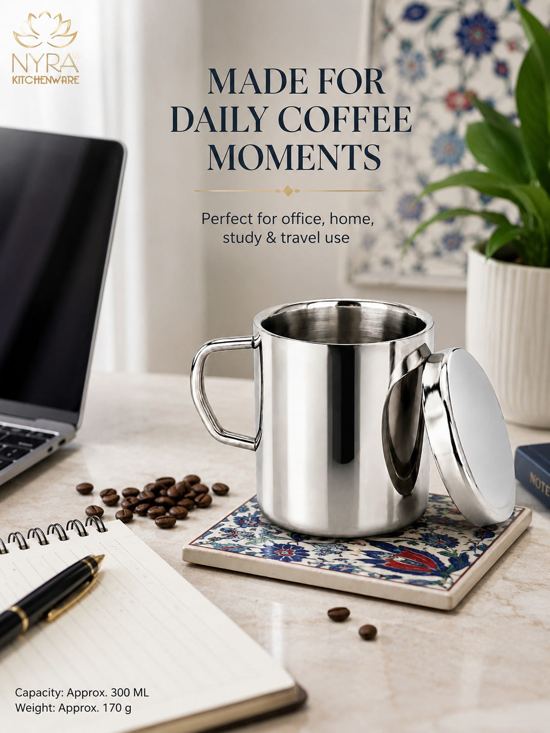 Stainless Steel Insulated Coffee Mug with Lid | 300ml Double Walled for Hot & Cold Drinks
