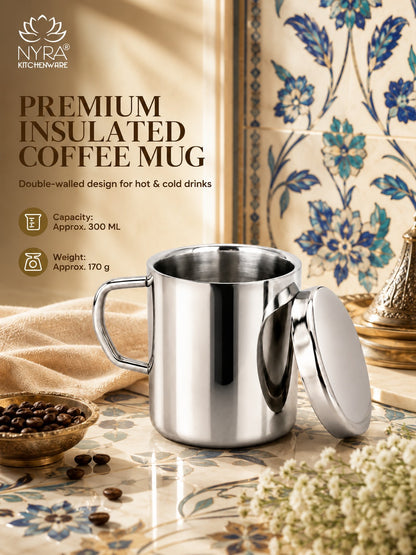 Stainless Steel Insulated Coffee Mug with Lid | 300ml Double Walled for Hot & Cold Drinks