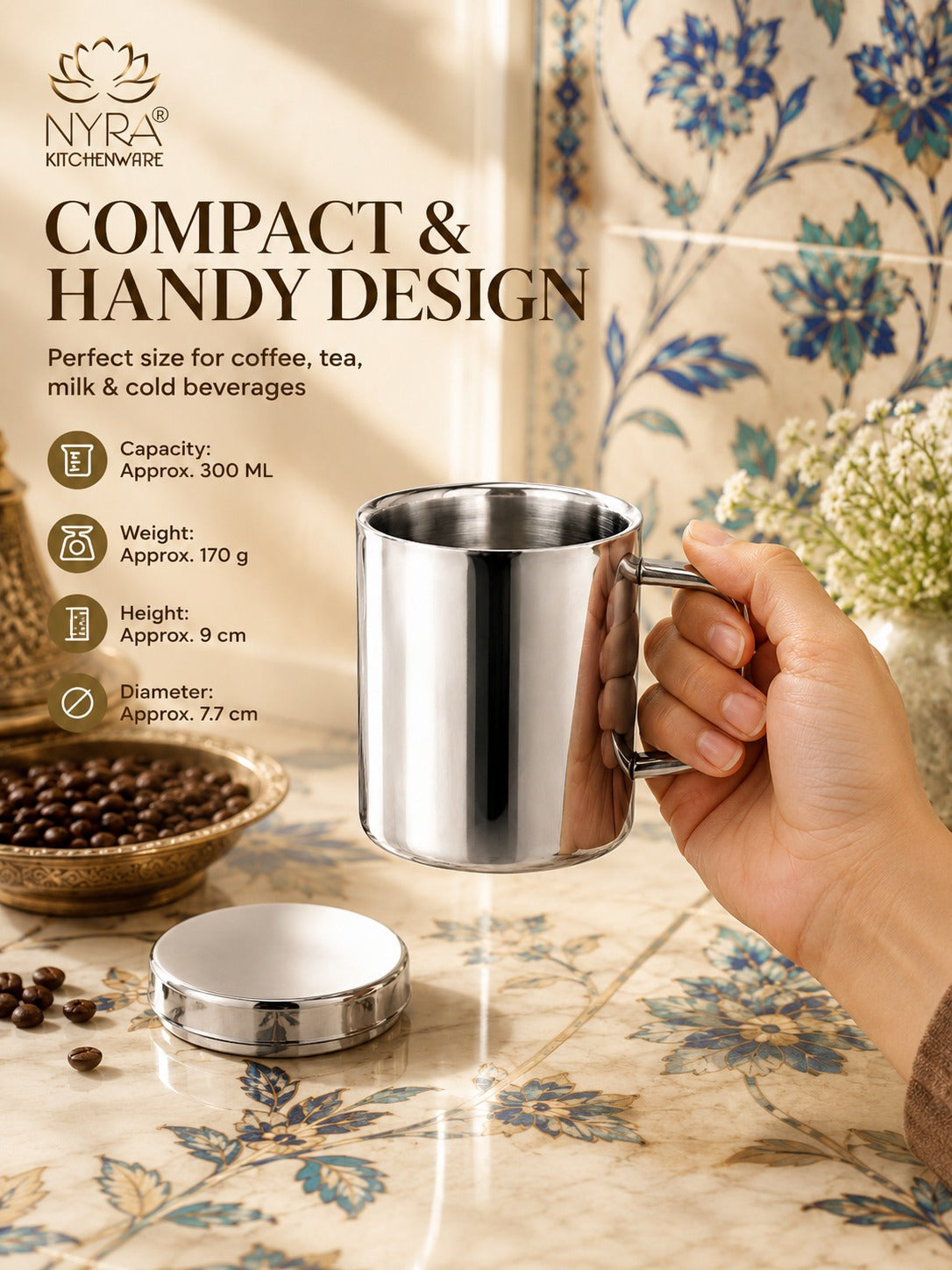 Stainless Steel Insulated Coffee Mug with Lid | 300ml Double Walled for Hot & Cold Drinks