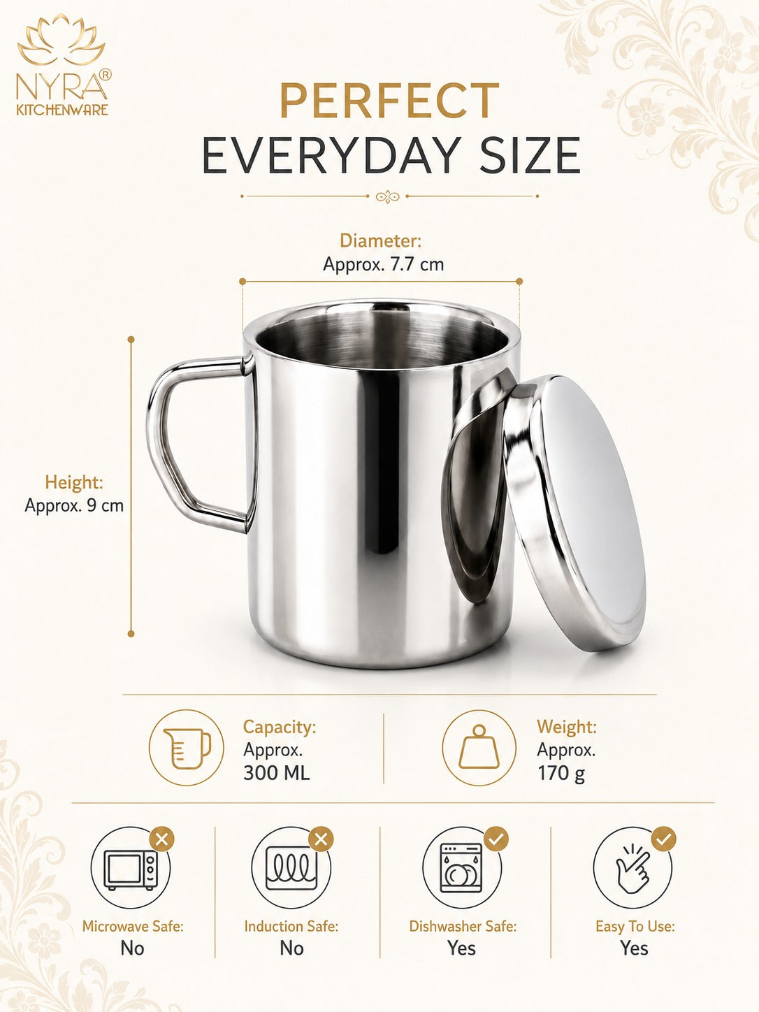 Stainless Steel Insulated Coffee Mug with Lid | 300ml Double Walled for Hot & Cold Drinks