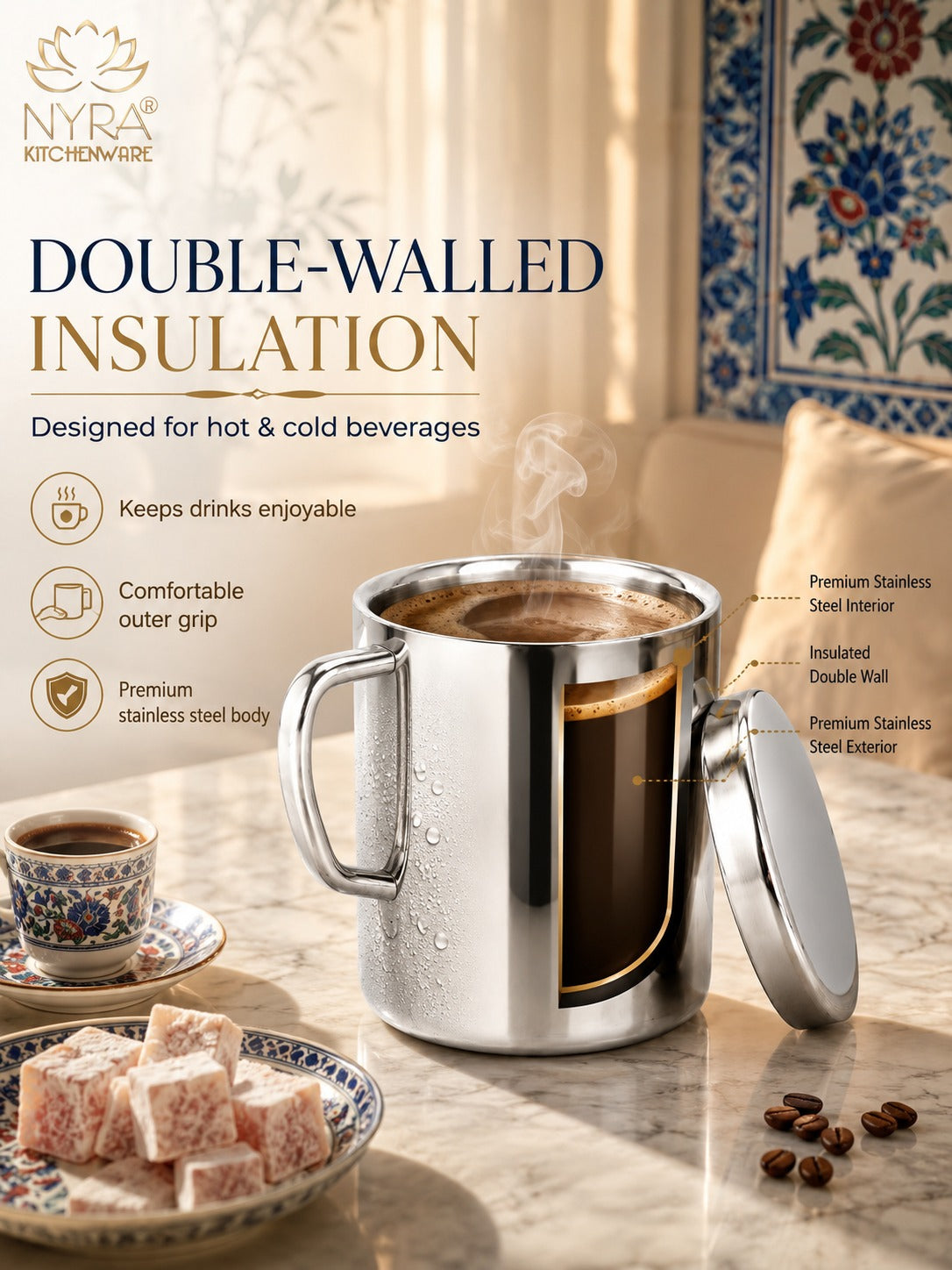 Stainless Steel Insulated Coffee Mug with Lid | 300ml Double Walled for Hot & Cold Drinks