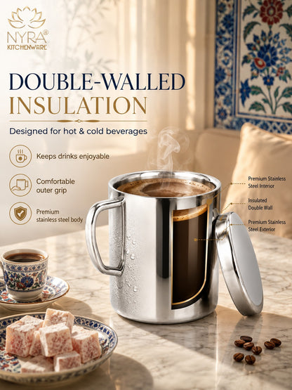Stainless Steel Insulated Coffee Mug with Lid | 300ml Double Walled for Hot & Cold Drinks