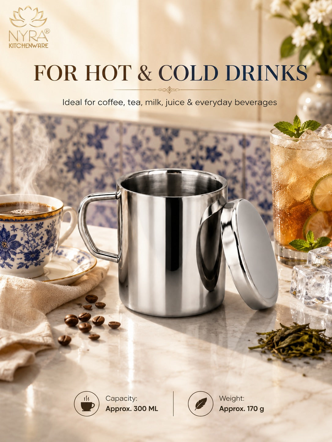 Stainless Steel Insulated Coffee Mug with Lid | 300ml Double Walled for Hot & Cold Drinks