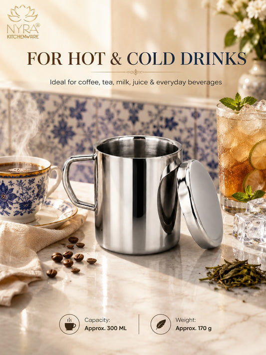 Stainless Steel Insulated Coffee Mug with Lid | 300ml Double Walled for Hot & Cold Drinks