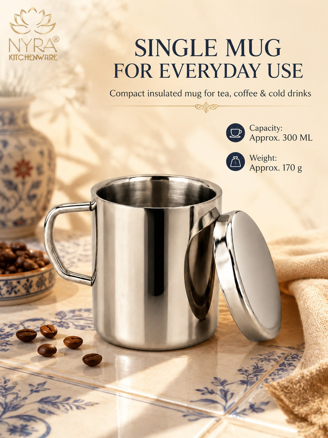 Stainless Steel Insulated Coffee Mug with Lid | 300ml Double Walled for Hot & Cold Drinks