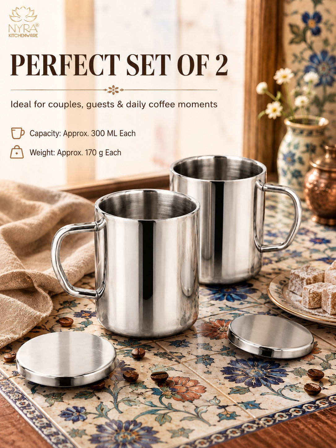 Stainless Steel Insulated Coffee Mug with Lid | 300ml Double Walled for Hot & Cold Drinks