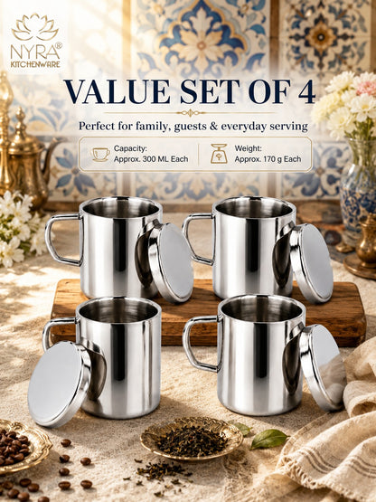 Stainless Steel Insulated Coffee Mug with Lid | 300ml Double Walled for Hot & Cold Drinks