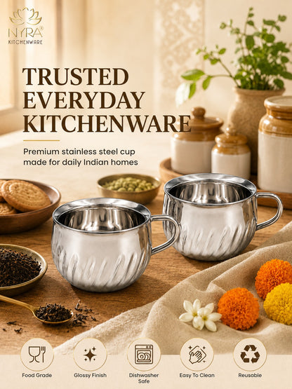 Stainless Steel Floral Design Tea Cup | Elegant Mirror Finish Cup Set