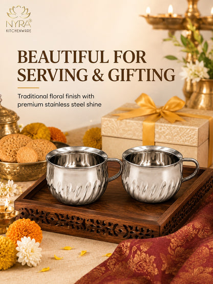 Stainless Steel Floral Design Tea Cup | Elegant Mirror Finish Cup Set