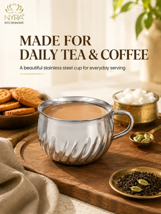 Stainless Steel Floral Design Tea Cup | Elegant Mirror Finish Cup Set