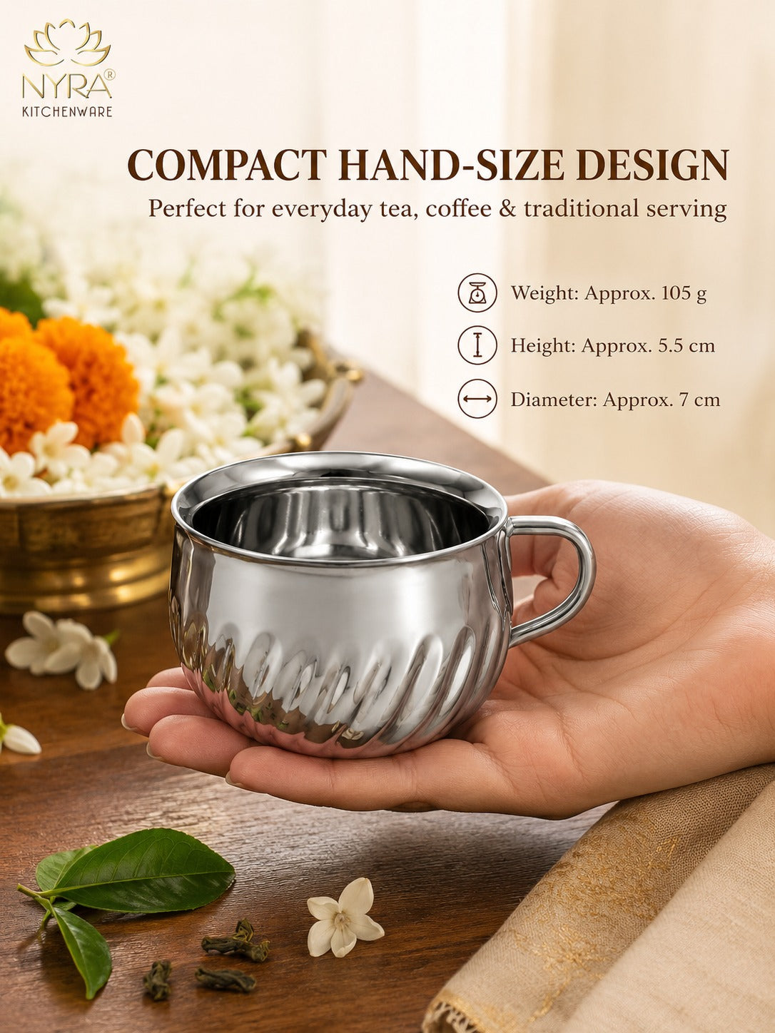 Stainless Steel Floral Design Tea Cup | Elegant Mirror Finish Cup Set