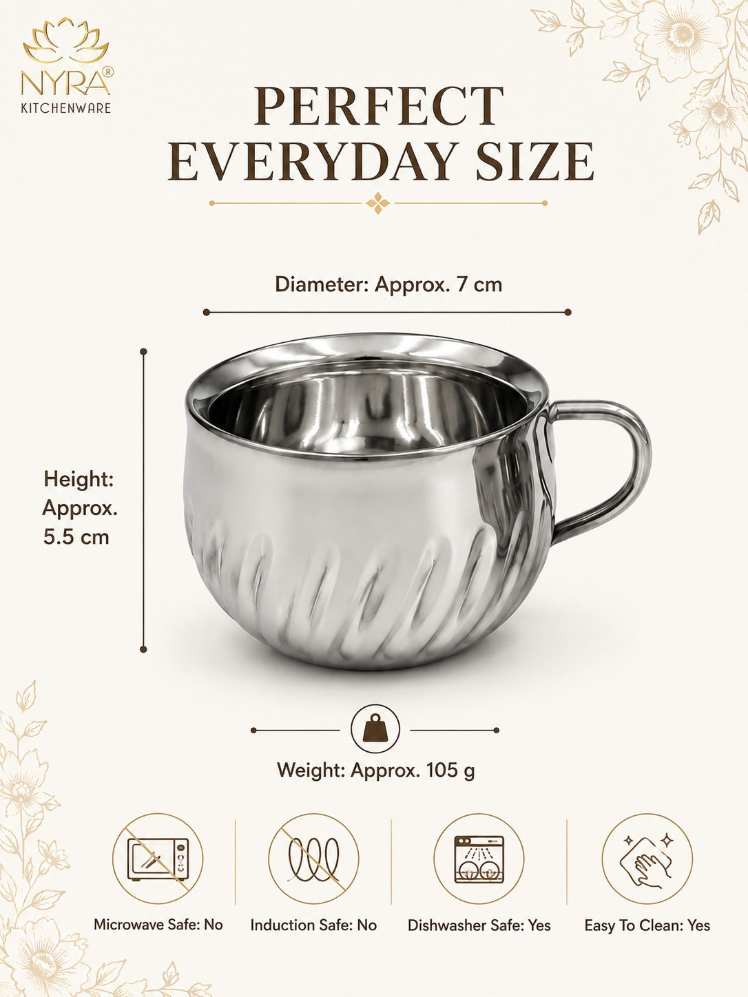 Stainless Steel Floral Design Tea Cup | Elegant Mirror Finish Cup Set