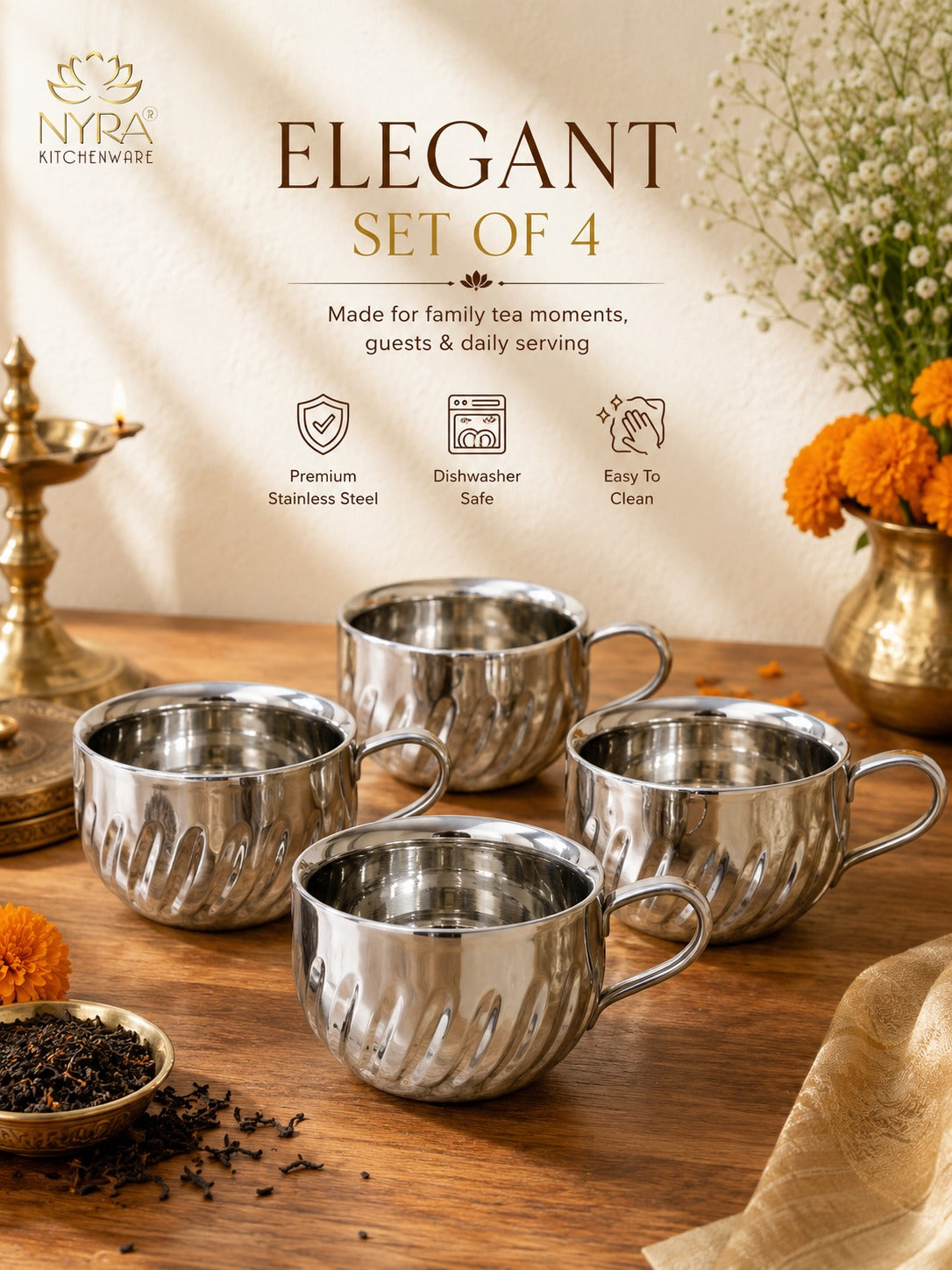 Stainless Steel Floral Design Tea Cup | Elegant Mirror Finish Cup Set