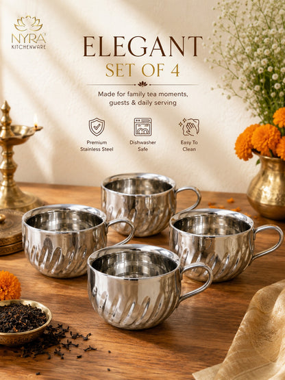 Stainless Steel Floral Design Tea Cup | Elegant Mirror Finish Cup Set