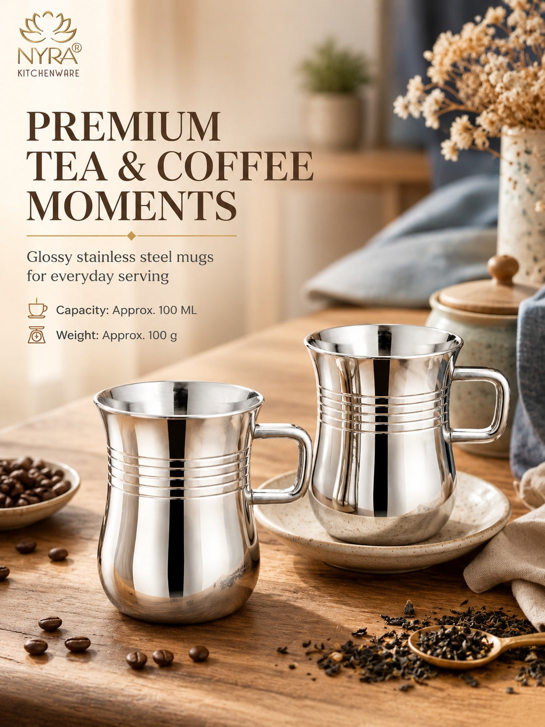 Stainless Steel Tea & Coffee Mugs | 100ml Glossy Finish/Ring Design Cup Set