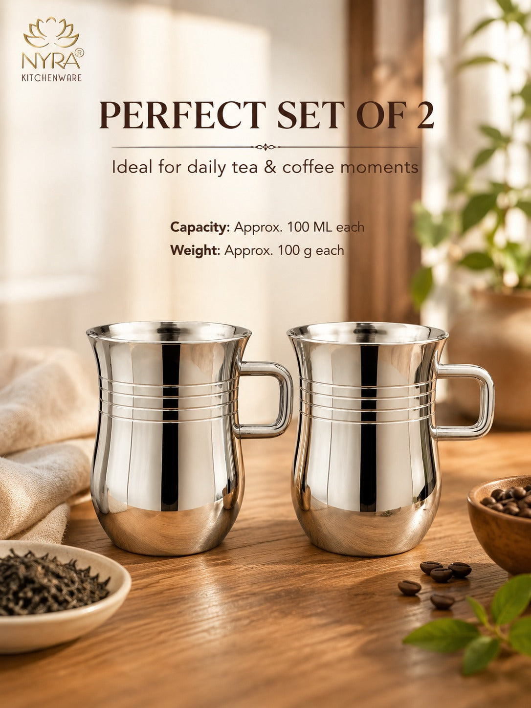 Stainless Steel Tea & Coffee Mugs | 100ml Glossy Finish/Ring Design Cup Set