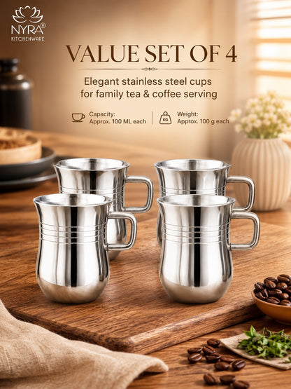 Stainless Steel Tea & Coffee Mugs | 100ml Glossy Finish/Ring Design Cup Set