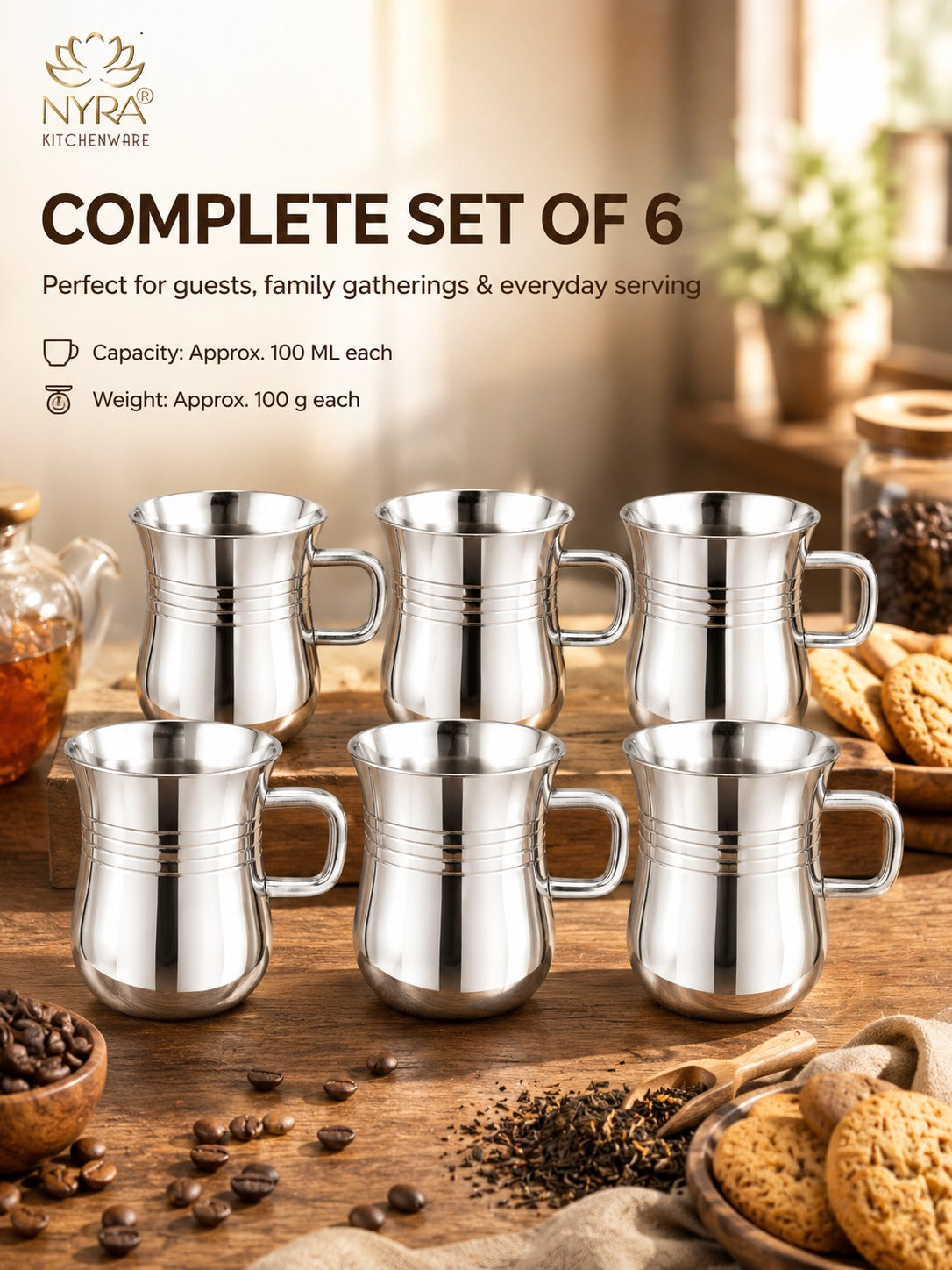 Stainless Steel Tea & Coffee Mugs | 100ml Glossy Finish/Ring Design Cup Set