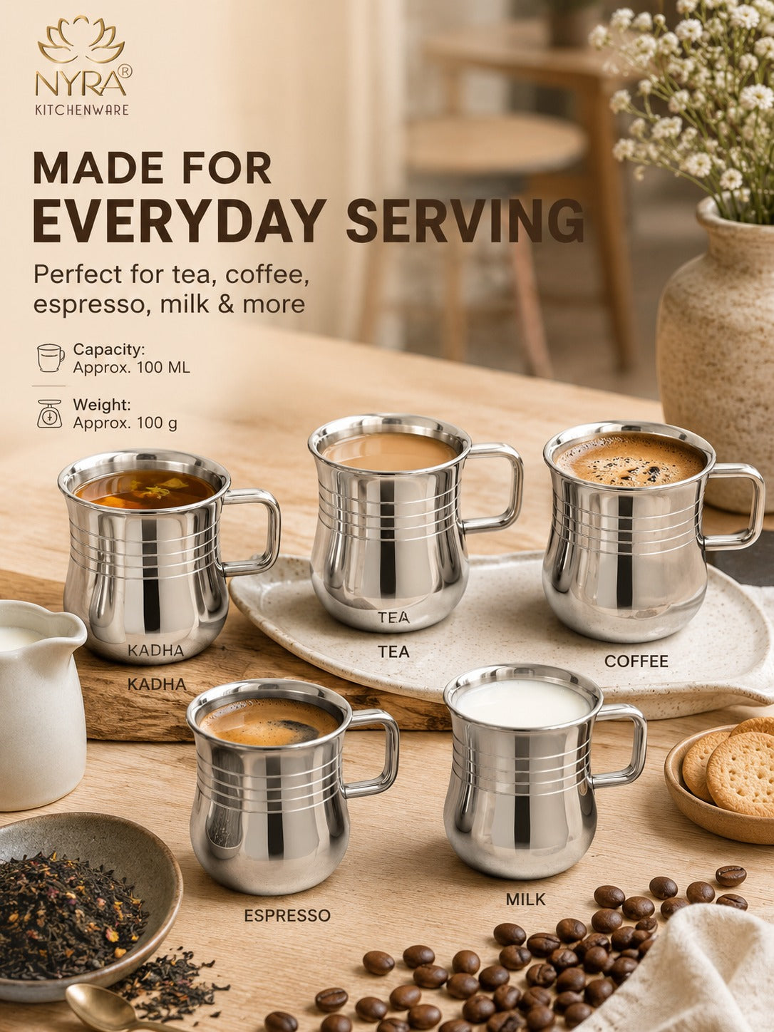 Stainless Steel Tea & Coffee Mugs | 100ml Glossy Finish/Ring Design Cup Set