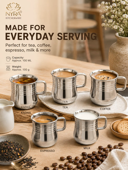 Stainless Steel Tea & Coffee Mugs | 100ml Glossy Finish/Ring Design Cup Set