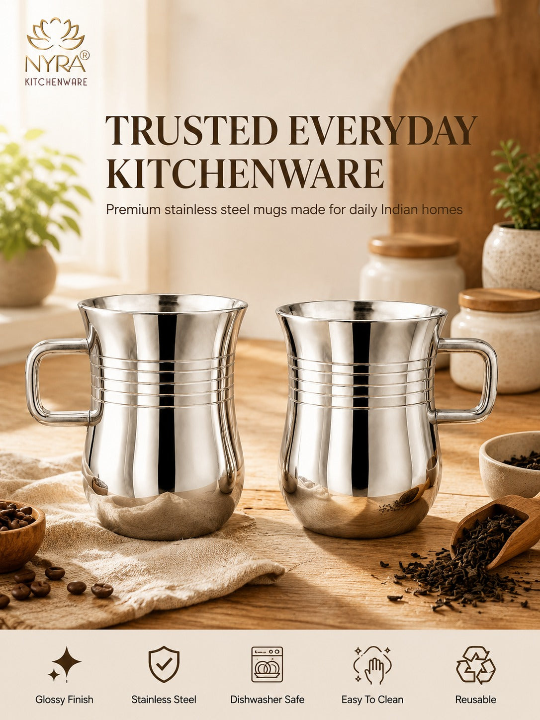 Stainless Steel Tea & Coffee Mugs | 100ml Glossy Finish/Ring Design Cup Set