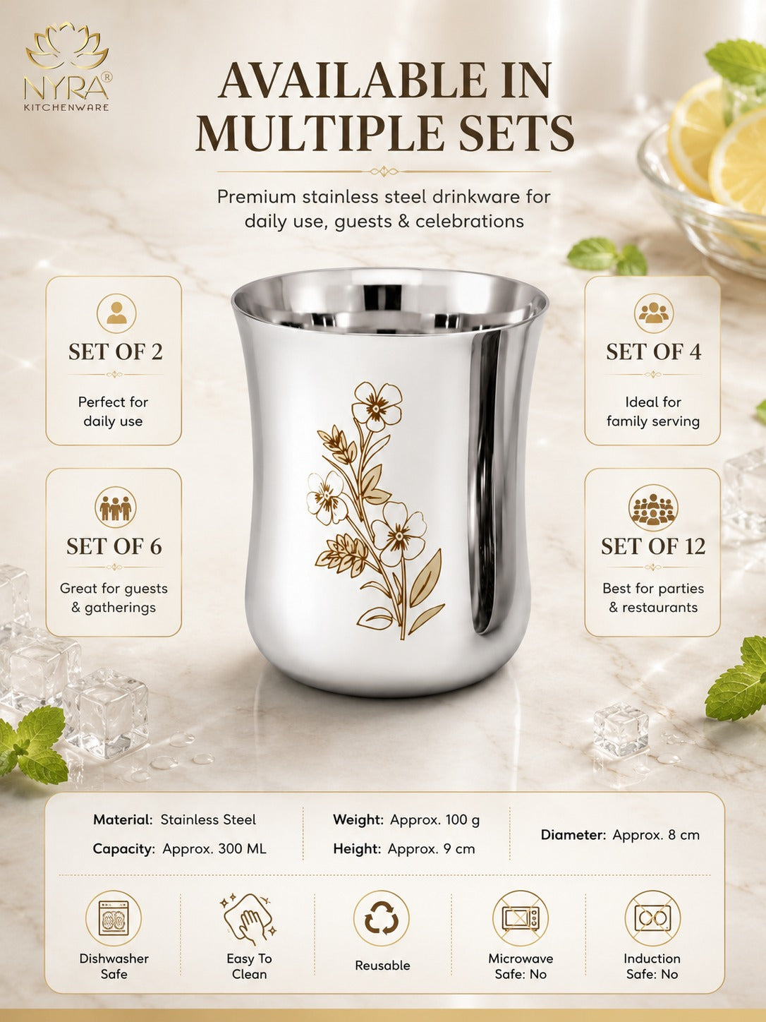 Stainless Steel Glass/Tumbler with Laser Floral Design – Set of 6 & 12
