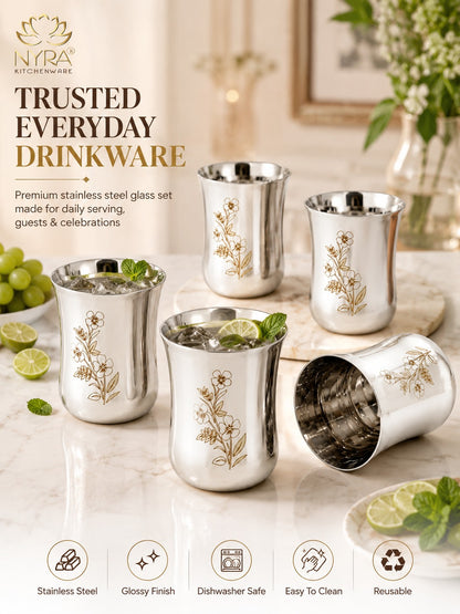 Stainless Steel Glass/Tumbler with Laser Floral Design – Set of 6 & 12