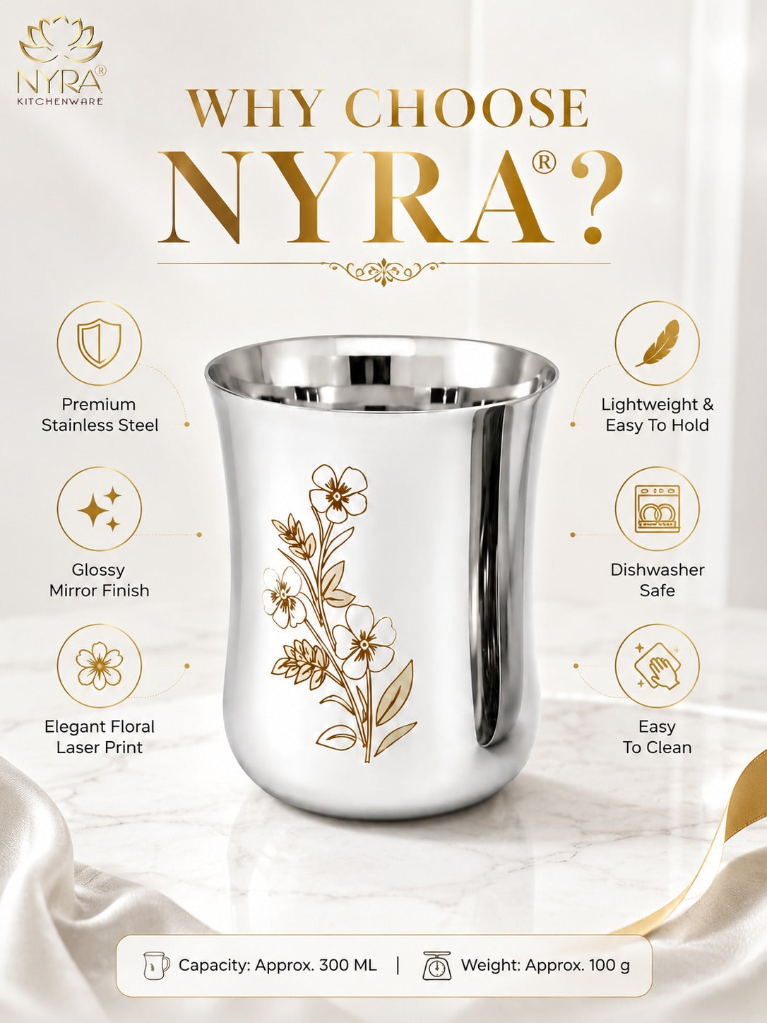 Stainless Steel Glass/Tumbler with Laser Floral Design – Set of 6 & 12