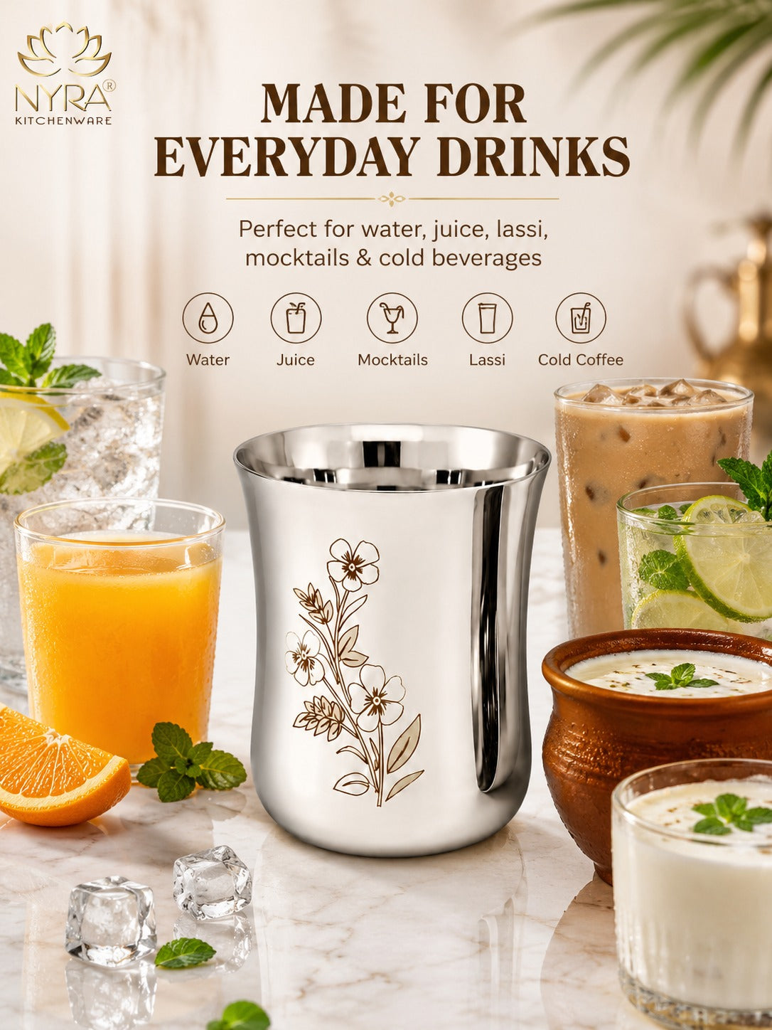 Stainless Steel Glass/Tumbler with Laser Floral Design – Set of 6 & 12