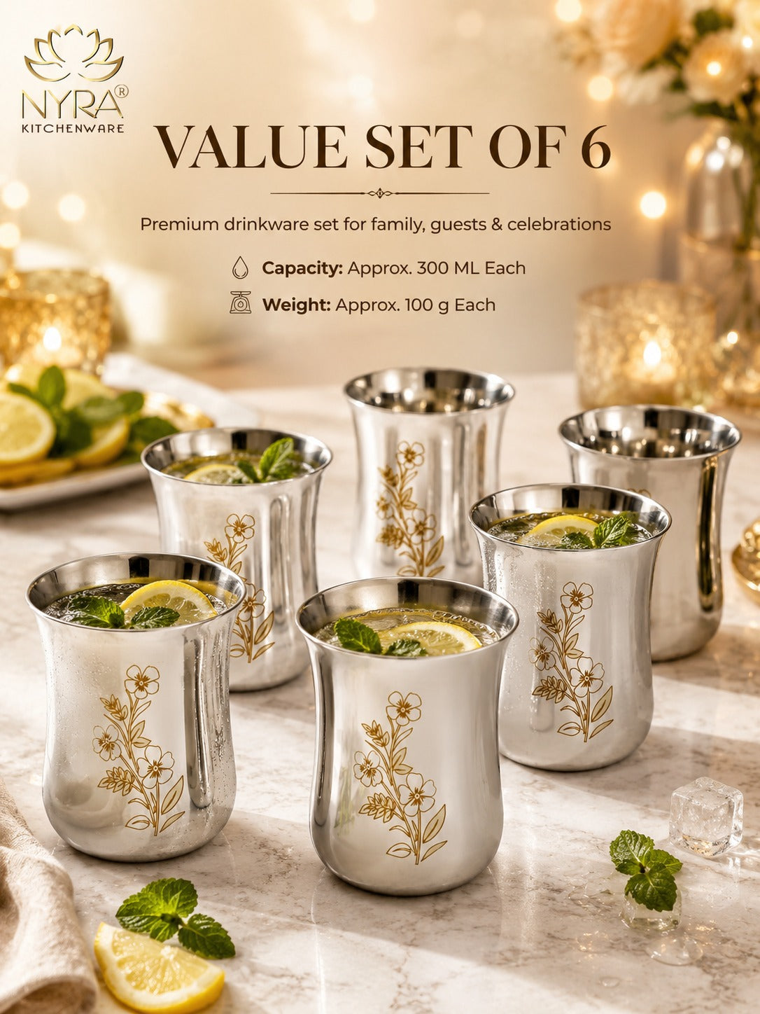 Stainless Steel Glass/Tumbler with Laser Floral Design – Set of 6 & 12