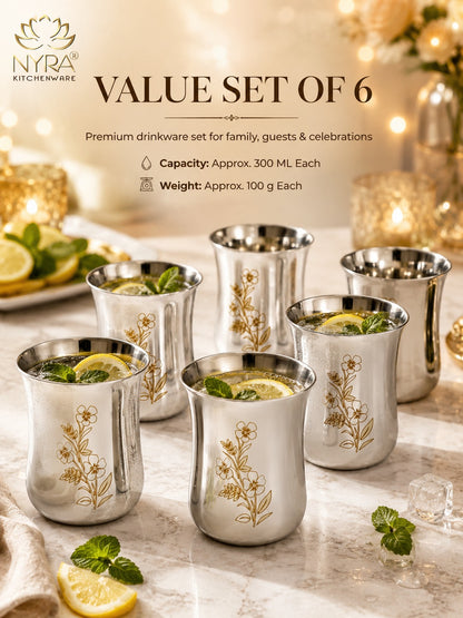 Stainless Steel Glass/Tumbler with Laser Floral Design – Set of 6 & 12