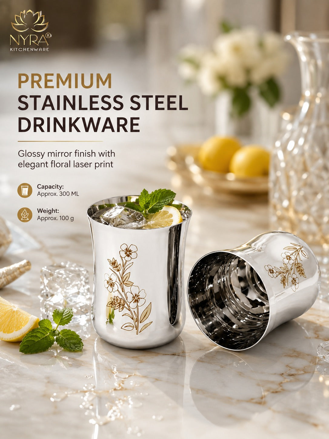 Stainless Steel Glass/Tumbler with Laser Floral Design – Set of 6 & 12