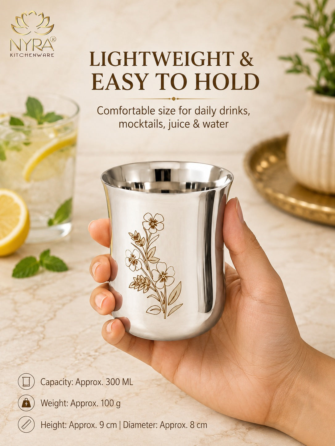 Stainless Steel Glass/Tumbler with Laser Floral Design – Set of 6 & 12