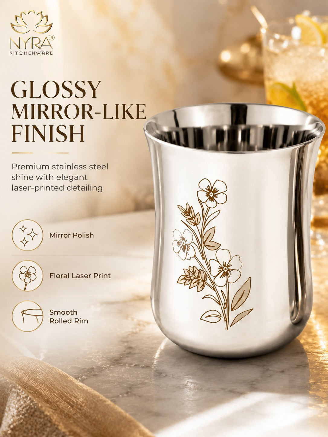 Stainless Steel Glass/Tumbler with Laser Floral Design – Set of 6 & 12