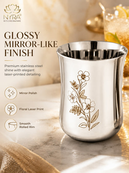 Stainless Steel Glass/Tumbler with Laser Floral Design – Set of 6 & 12
