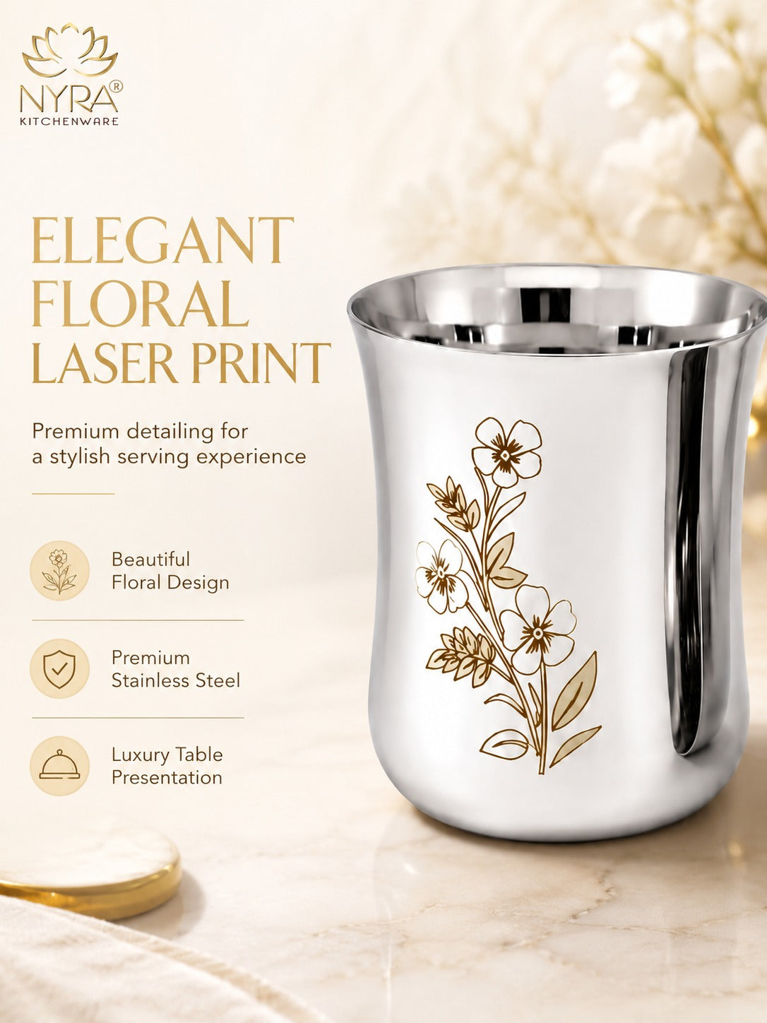 Stainless Steel Glass/Tumbler with Laser Floral Design – Set of 6 & 12