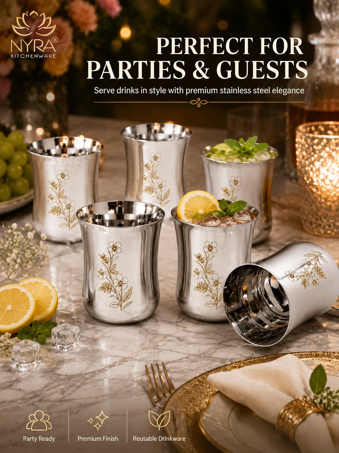 Stainless Steel Glass/Tumbler with Laser Floral Design – Set of 6 & 12