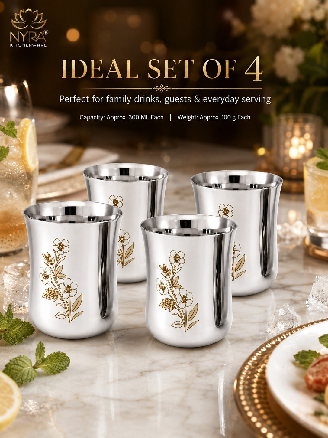 Stainless Steel Glass/Tumbler with Laser Floral Design – Set of 6 & 12