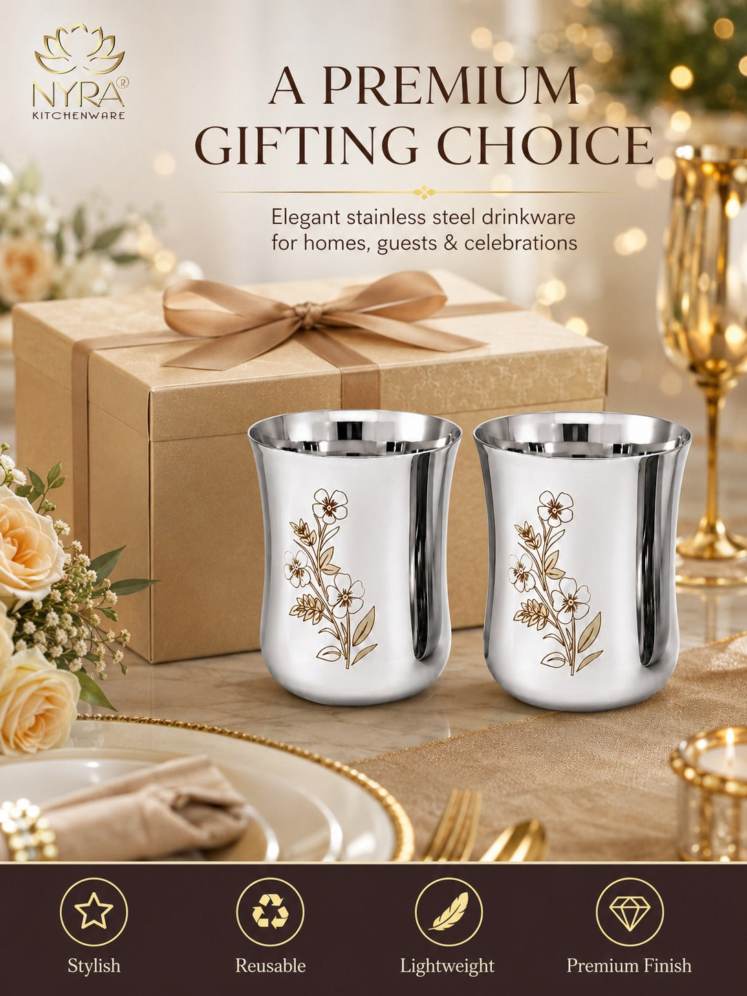 Stainless Steel Glass/Tumbler with Laser Floral Design – Set of 6 & 12