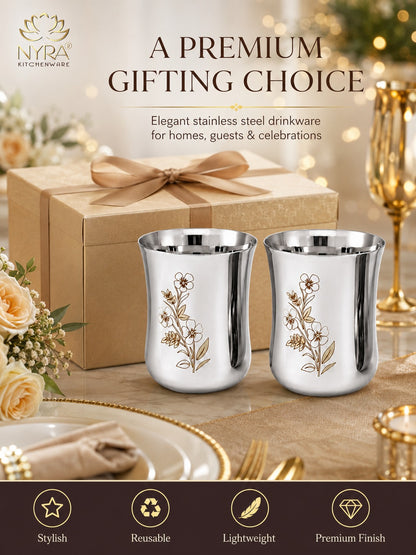 Stainless Steel Glass/Tumbler with Laser Floral Design – Set of 6 & 12