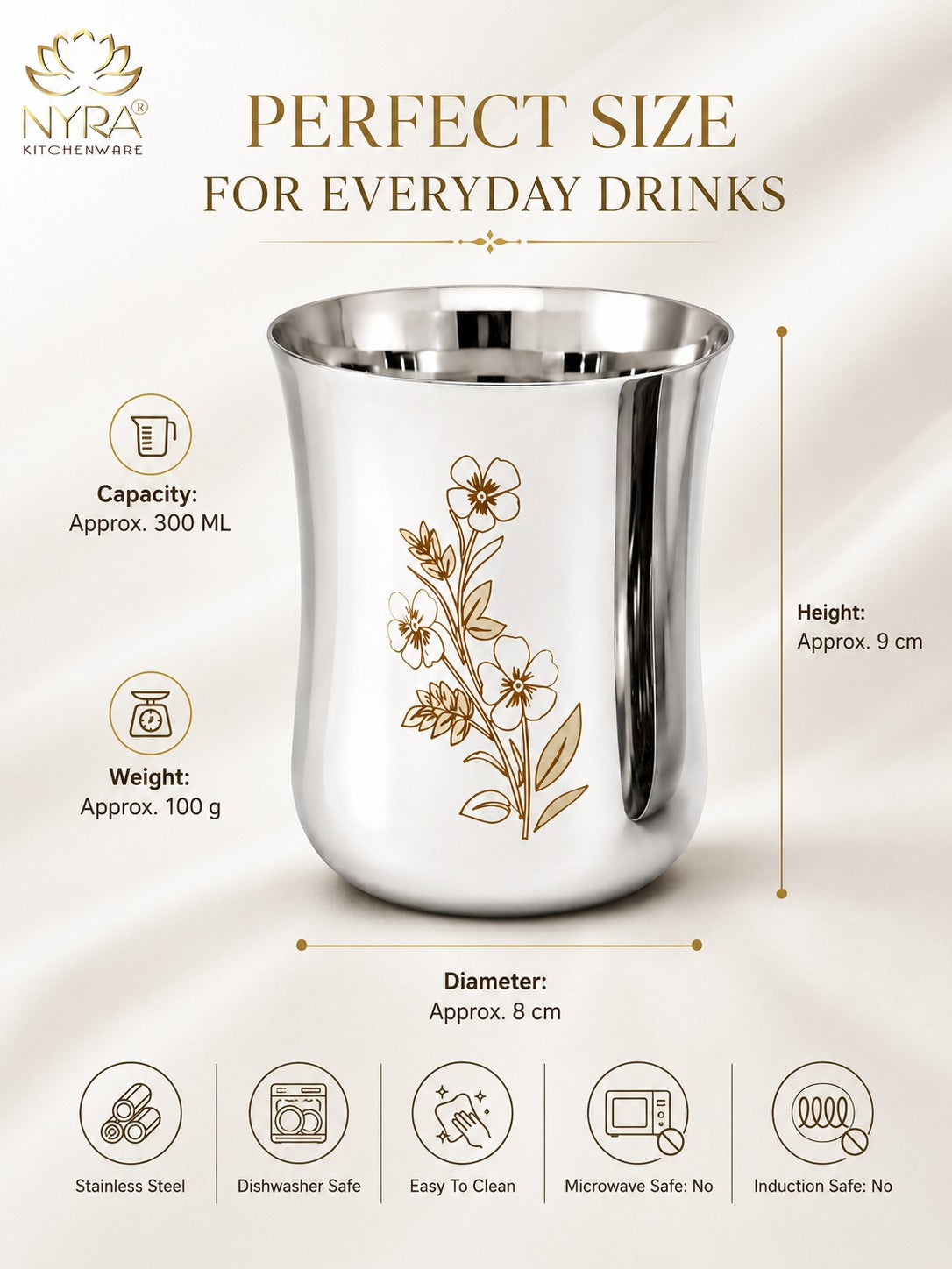 Stainless Steel Glass/Tumbler with Laser Floral Design – Set of 6 & 12