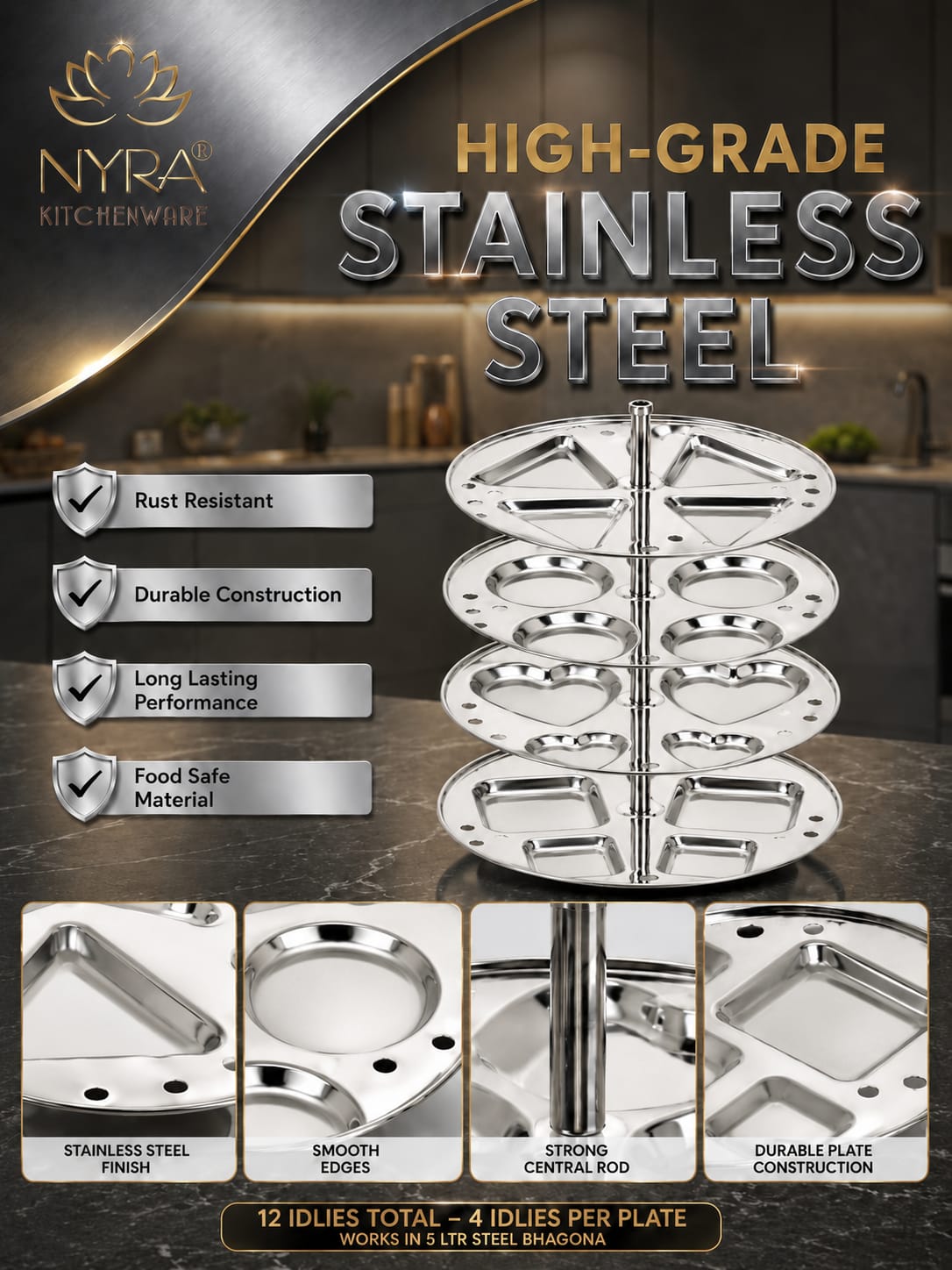 Stainless Steel  3 & 4 Plate Fancy Idly Stand with Unique Designs | Make 12 & 16 Idlies (4 Idli Per Plate )